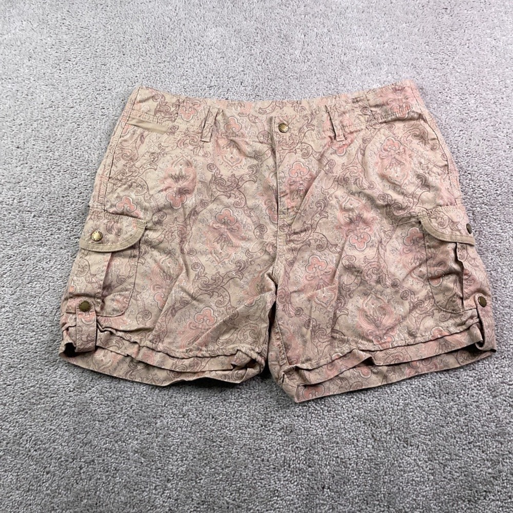 LL‎ Bean Shorts Womens 14 Tan Paisley Favorite Fit Linen Blend Cargo Utility